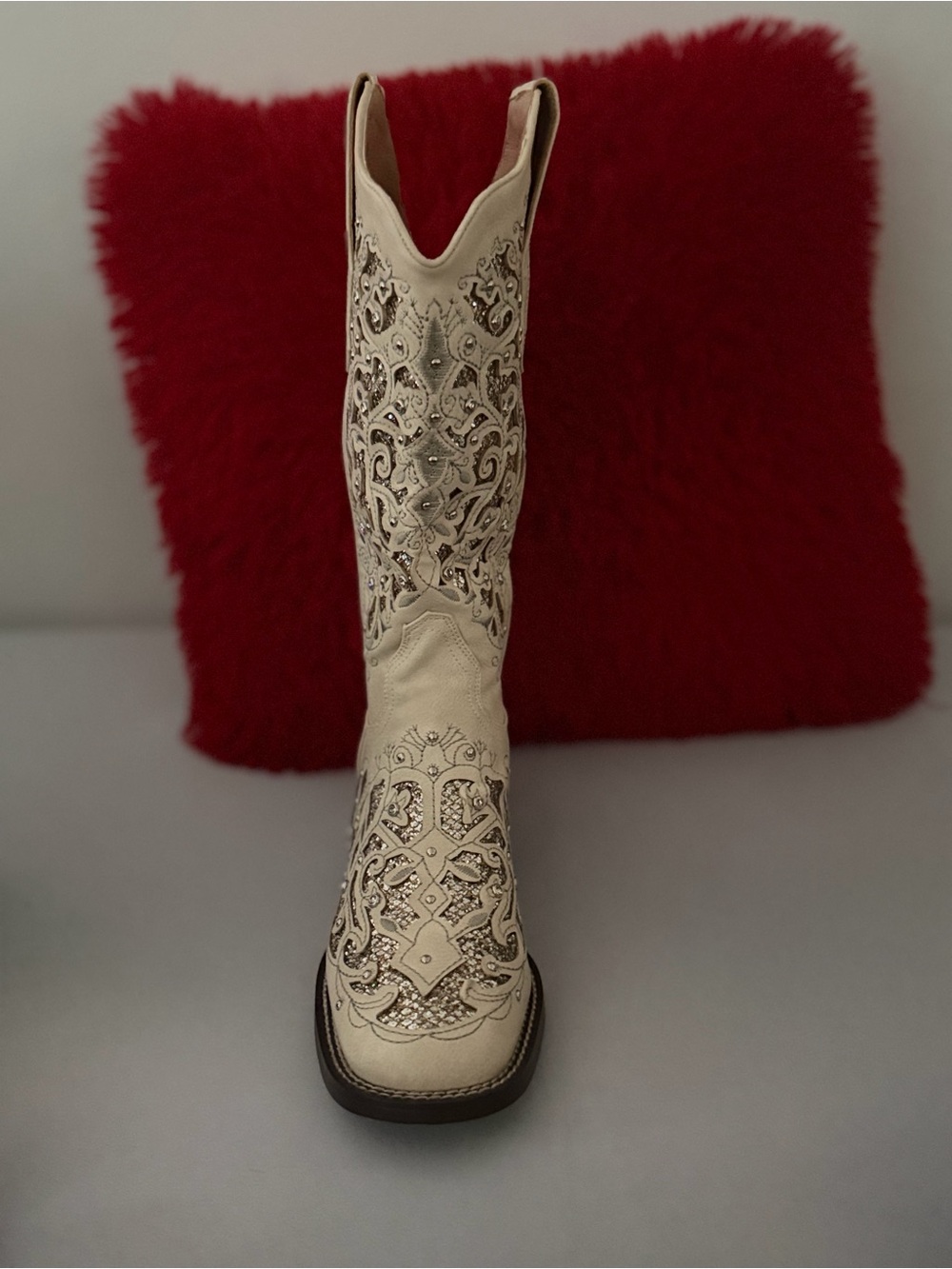 Amazon Cream Embellished Western Knee-High Boot - Women